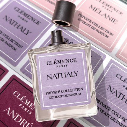 Custom Perfume Label Adhesive Printing Rectangular Logo Fabric Textured Waterproof Stickers Fragrances Bottle Packaging Labels